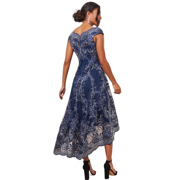 City Goddess London Embroidered Lace Midi Bardot Dip Hem Dress Formal Navy Sz 10 - Picture 15 of 15